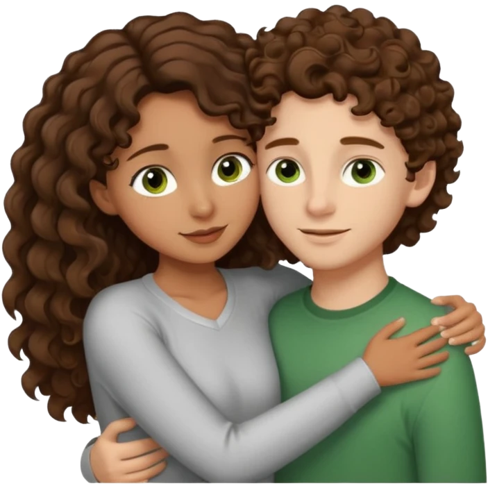 light brown skinned girl with long and dark brown wavy hair and brown eyes hugging and being loving with white boy with light brown and very curly short hair and green eyes  emoji
