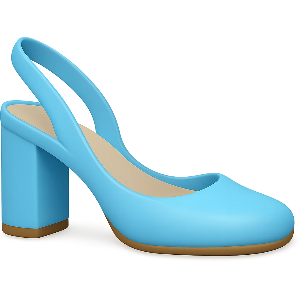 Edit the image to depict a light blue slingback high heel shoe with a slightly flat, very thick heel in the style of Apple emojis. Ensure the background is transparent. emoji