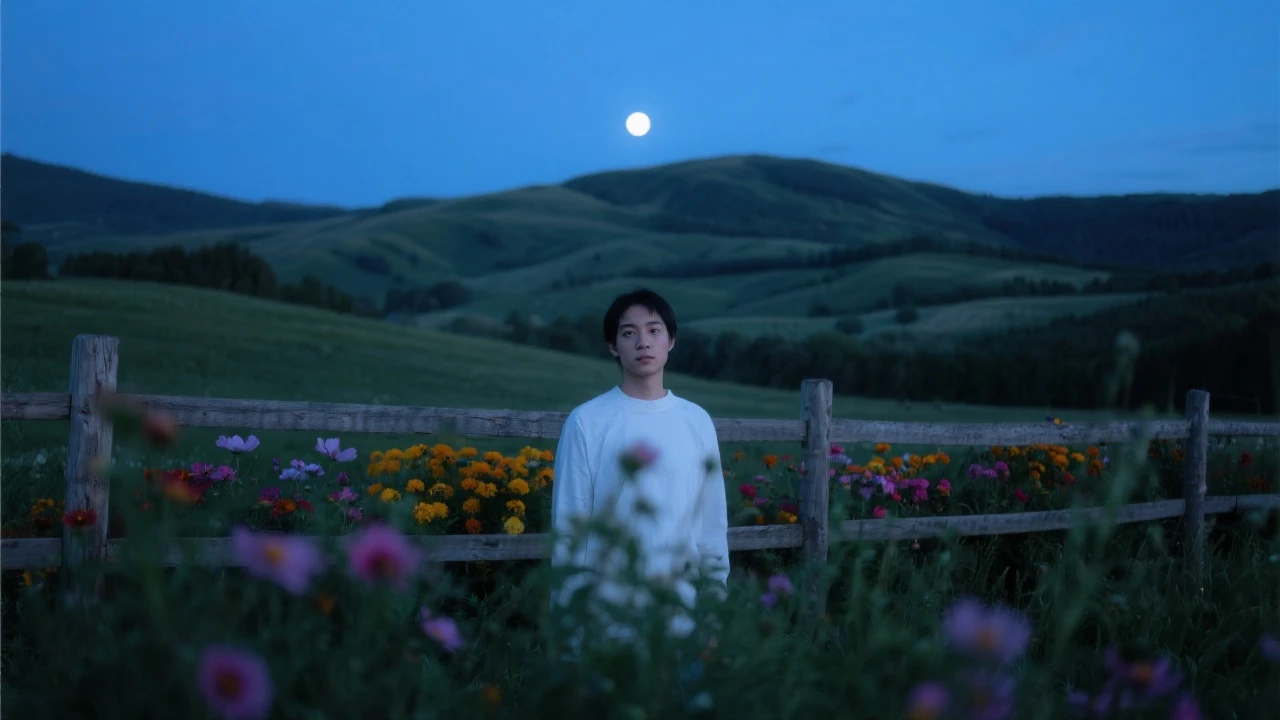 A portrait of a white person in the foreground, blurred plants in the foreground, a wooden fence and colorfull flowers in the midground, rolling hills in the background, cinematic depth of field, layered composition, moon back light (Blue night) emoji