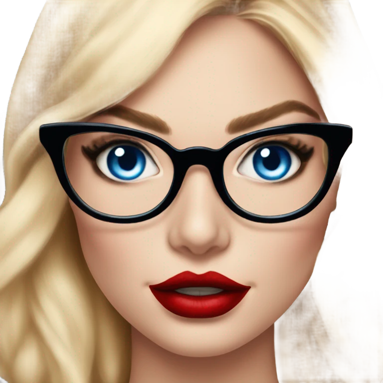 Real Margot Robbie, bright blue eyes and winged eye liner, red kisses, wearing black glasses  emoji