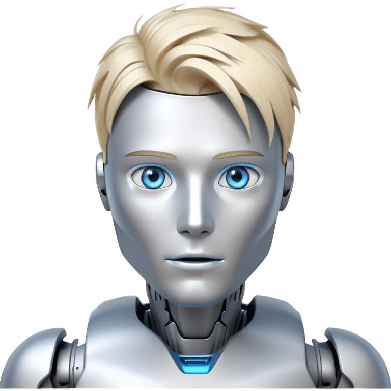 Male humanoid robot with messy straight blond hair, metallic face, digital eyes, sharp jawline, futuristic emoji