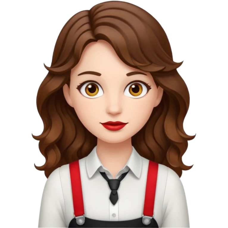Woman with wavy brown hair and hazel eyes wearing black dress pants with red suspenders emoji