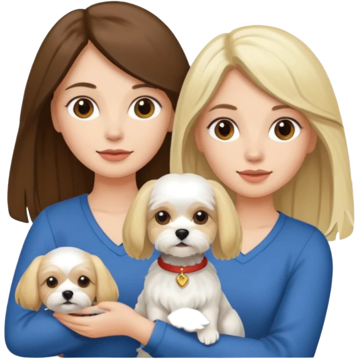 two women are holding one Maltese dog. one woman is brunette the other woman is blonde long haired  emoji