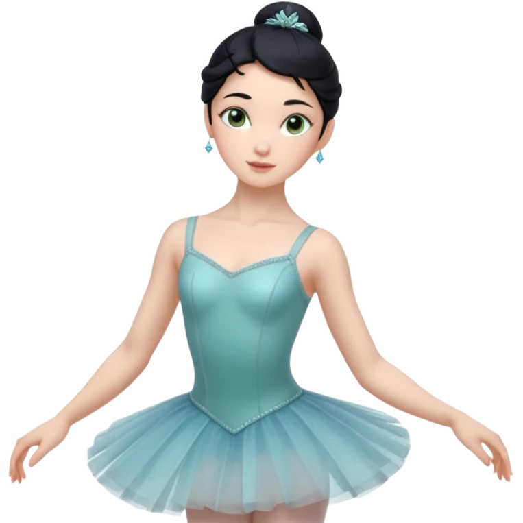 Cinematic Realistic ballerina Medium Blue Portrait, depicted with lifelike skin texture, subtle rosy undertones, and soft natural lighting that enhances the gentle contours of her face. Her intricately detailed sweet black hair is elegantly styled, green eyes emoji