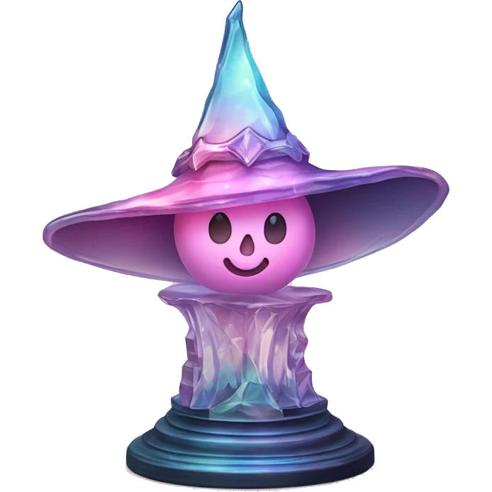 crystal sculpture witch hat with whimsical design. The hat is standing upright on a wooden stand with angular and baroque features. The vibrant midtone tints of pastels and pink highlights the sharp edges and planes.  emoji