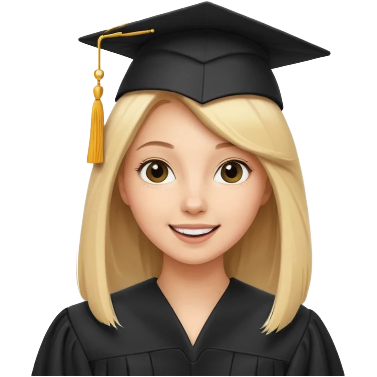 white girl with straight hair, tossing graduation cap, black gown, happy expression emoji