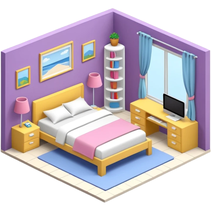 13 year old girls ultra realistic, ultra detailed large 3D view of bedroom, interior isometric emoji