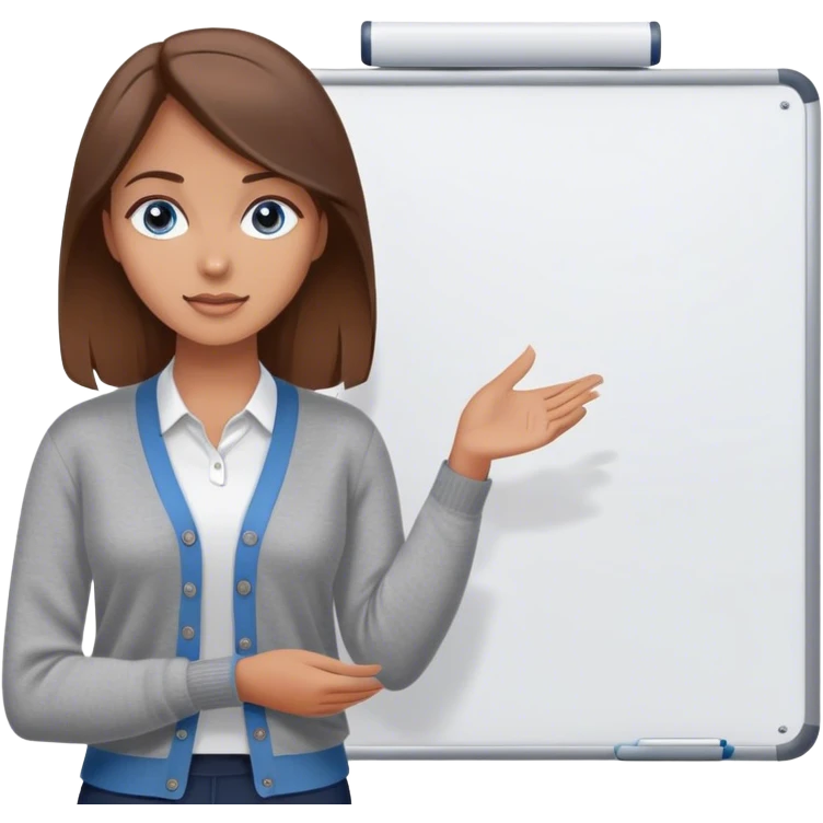 a young woman brown hair and blue eyes, with a in a cute gray cardigan and presenting on a white board emoji