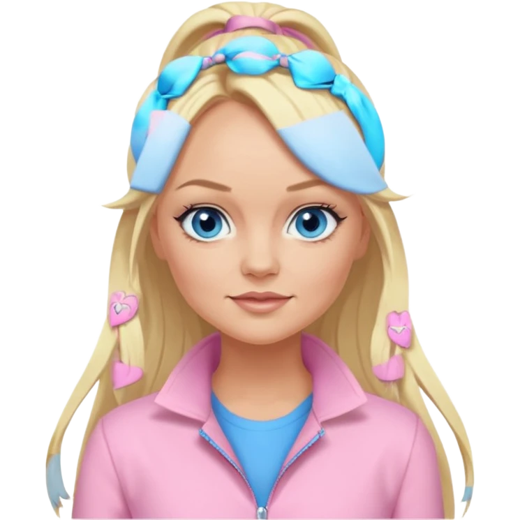 Emma Bunton blue eyes, long blonde ponytail hair, light pink outfit emoji