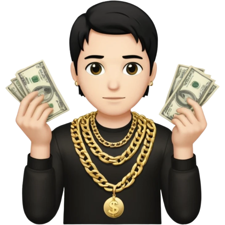Has un chico con mucha plata en sus manos y en su alrededor, Con una chain que diga "JovenBallin" y que tenga pelo negro y sea piel blanca emoji