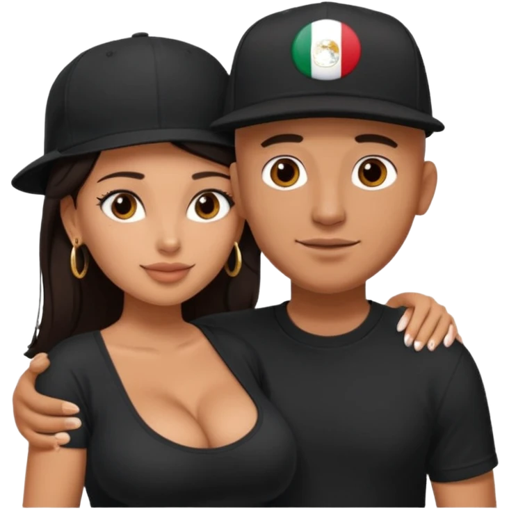 A picture of an embracing tanned couple. the man is a Mexican man with tanned skin, with a bald hair cut wearing a SnapBack hat and a black shirt. the woman has thick dark brown hair and with big naked boobs that he is grabbing emoji