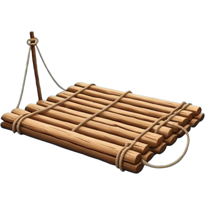 showing a simple wooden raft floating on calm blue water — made of several brown logs tied together with rope — gentle ripples around it — bright, cheerful lighting and soft shadows — minimalist, clean emoji design emoji