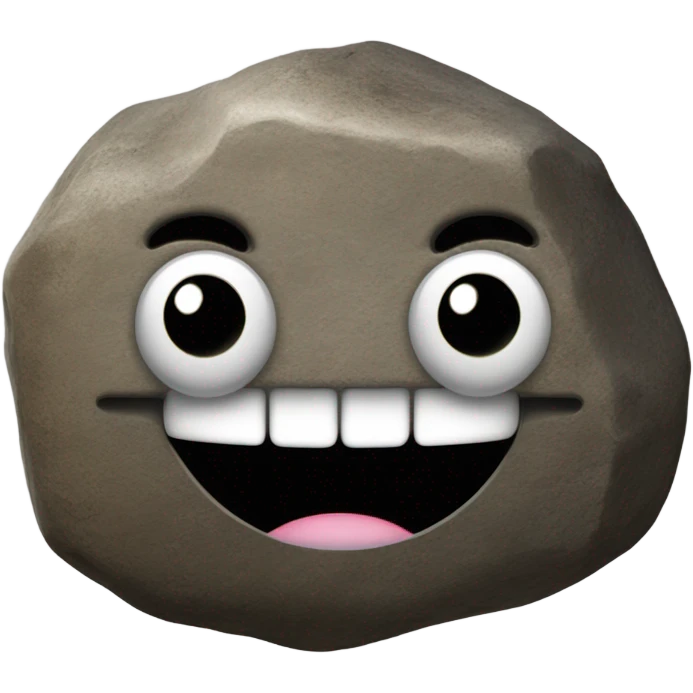 Semicircle shaped rock with legs and dark circles eyes and a big smile emoji