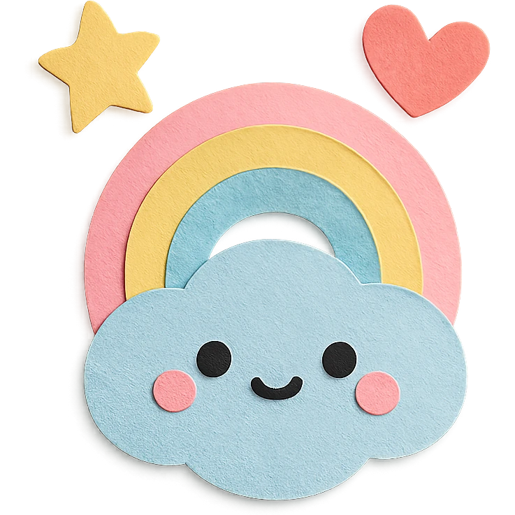 adorable pastel tiny rainbow, floating star and heart, no arms or legs, transparent background, full body, kawaii paper craft style emoji