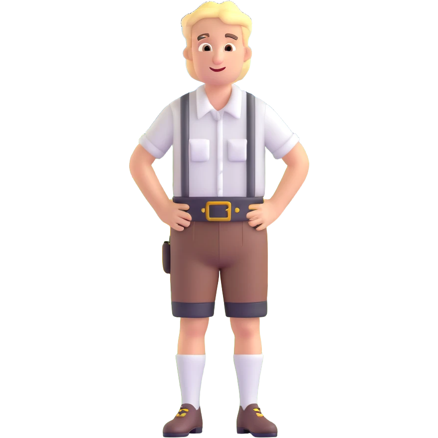 German person in Bavarian lederhosen shrugging with Sicily landscape in background emoji