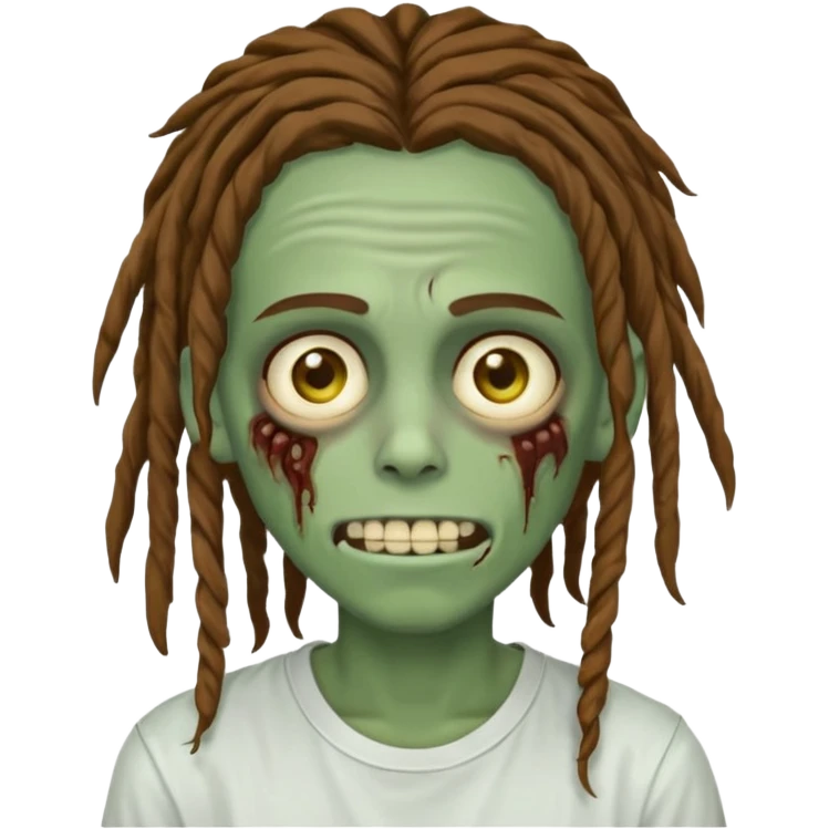 zombie teen with brown dreads covering forehead white tee golden eyes light green skin  and white smile emoji