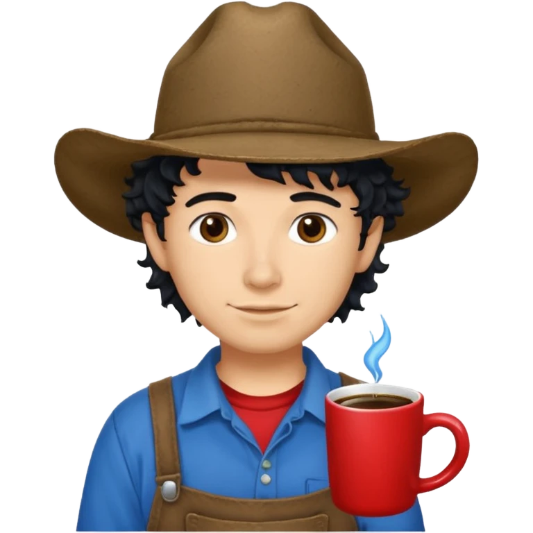 Ranch hand with blue hat and coffee mug, curly black hair, red shirt emoji