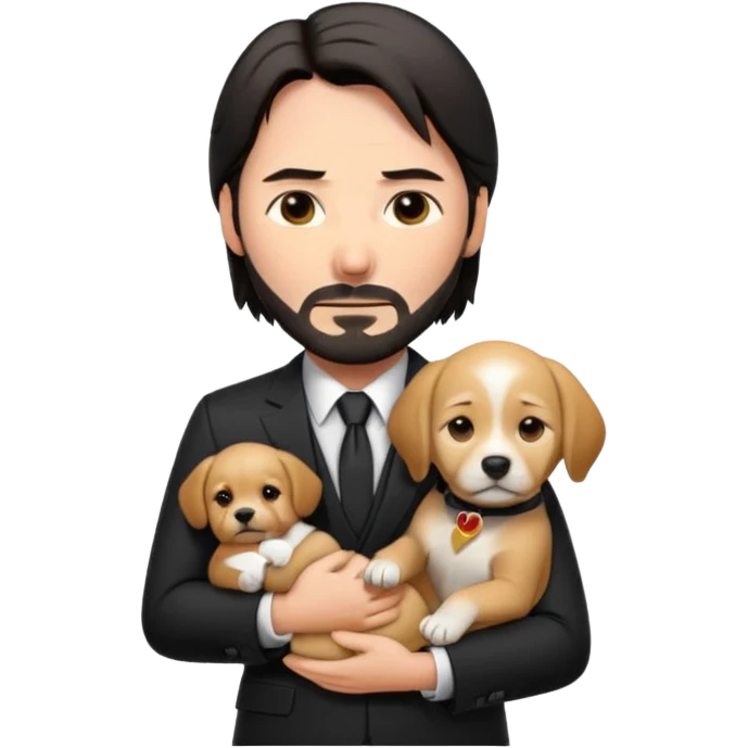 john wick as an apple-style emoji, holding a puppy, gentle expression, black suit emoji