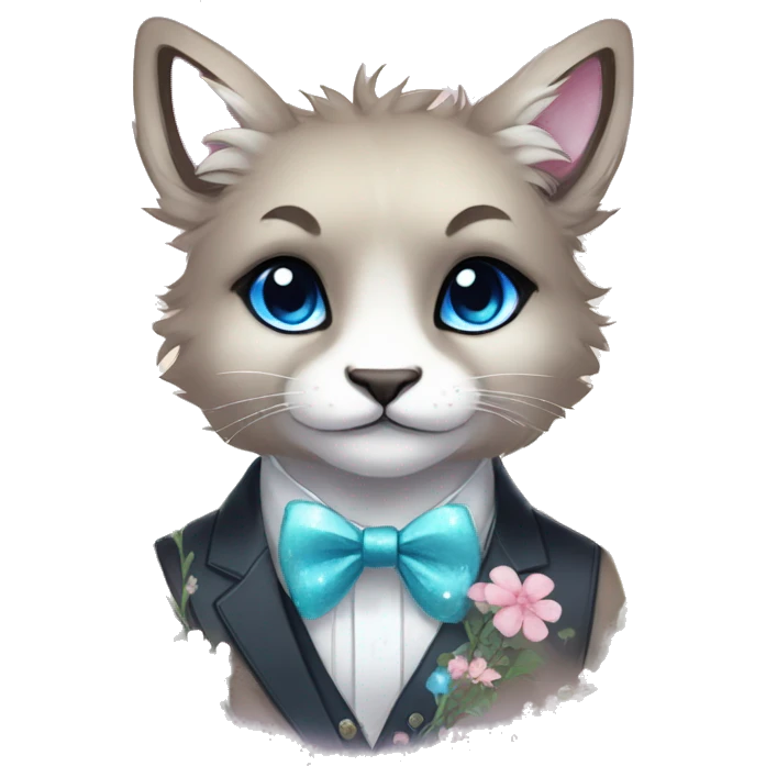 Anthro Cute Cool Kawaii gorgeous sparkly ethereal fantasy animal creature with blue eyes furry sona with flowers and bow tie beautiful aesthetic emoji