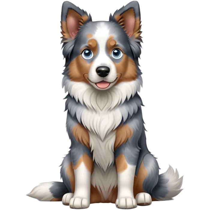 cinematic-[australian shepherd dog]-realistic-full-body-sitting-emoji,-tail-resting-loosely-beside-its-paws,-head-tilted-dramatically,-scruffy-[blue merle]-fur,-simplified-yet-realistic-focused-features,-highly-detailed,-glowing-with-an-almost-sarcastic-glow blue eyed emoji