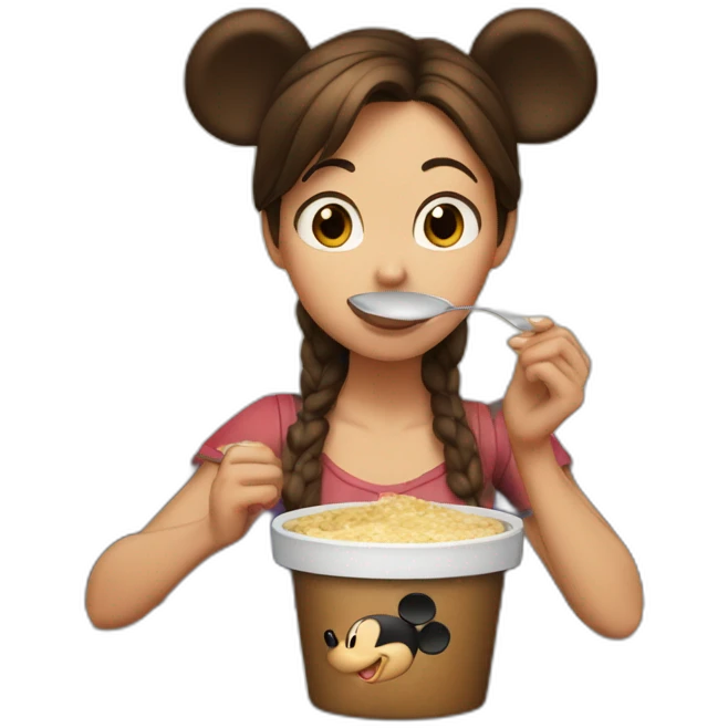 Woman medium brown hair and half tail,eating A pot of spread,  with mickey mouse ears emoji