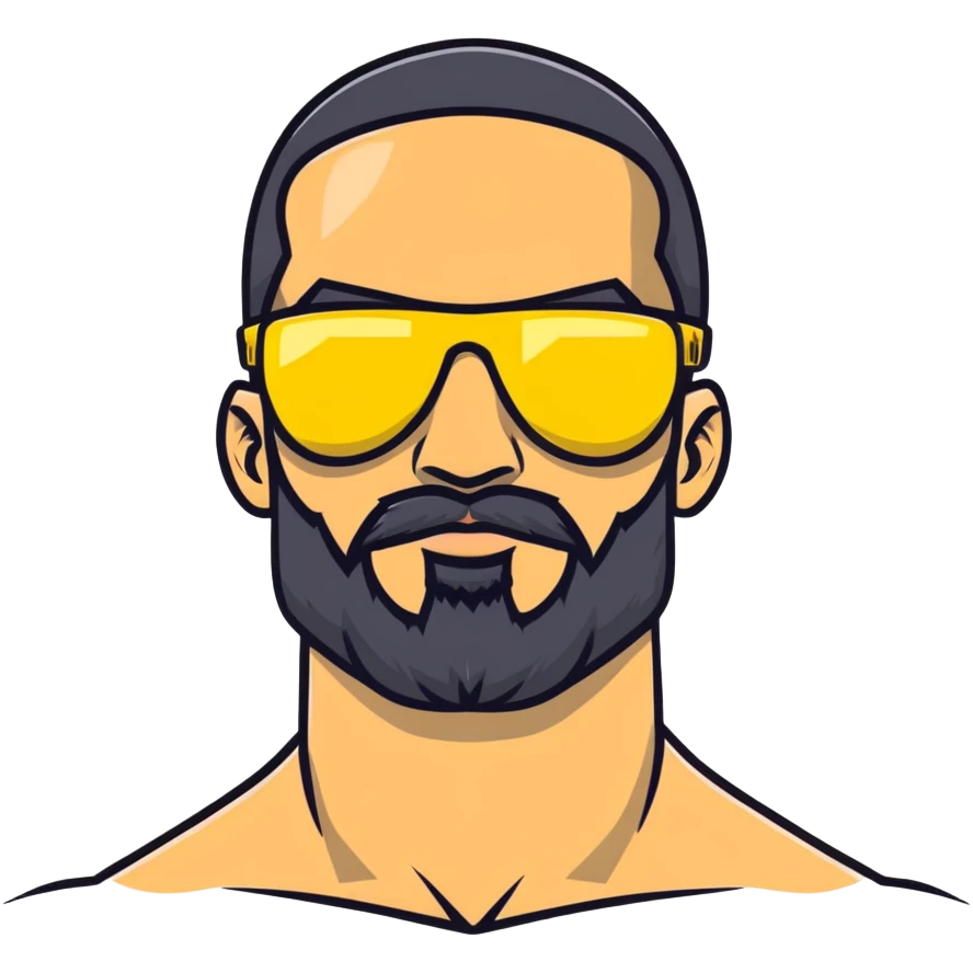 muscular man with black beard wearing yellow sunglasses emoji