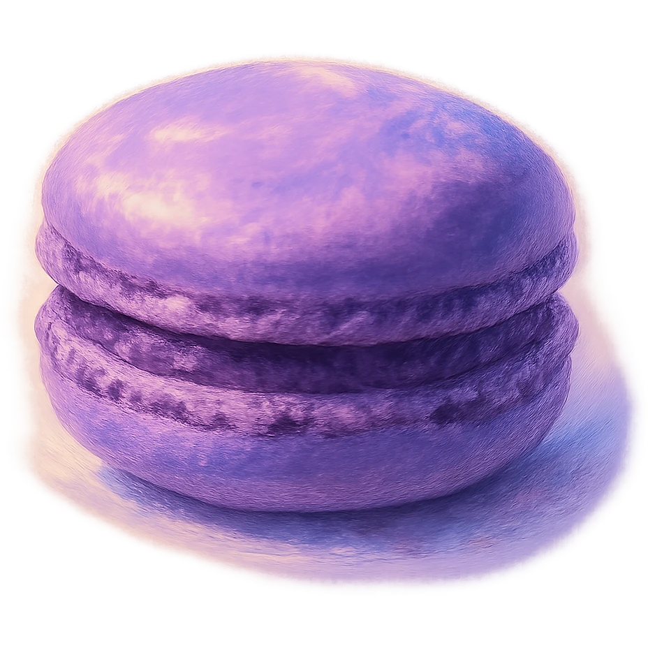 realistic purple macaron, dreamy lighting, soft painterly textures, appetizing and delicate, ghibli style emoji