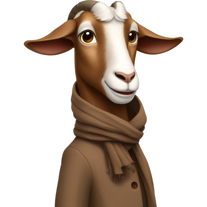 A goat wearing a long brown coat with a brown scarf emoji
