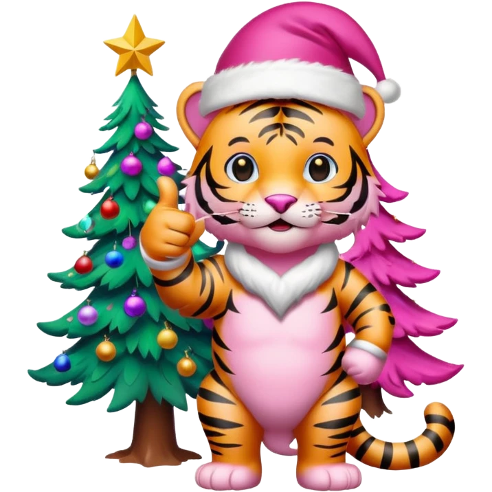 Pink tiger with Santa hat thumbs up, by a brightly lit colorful Christmas tree emoji