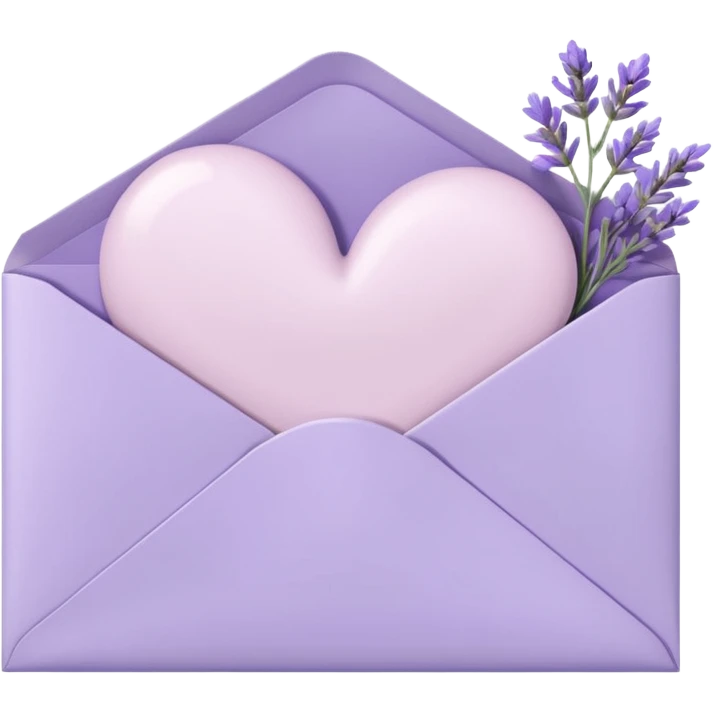 a closed pastel light whitish purple envelope with a white heart doodle on it, with some white papers, and lavender flowers laying on top  emoji