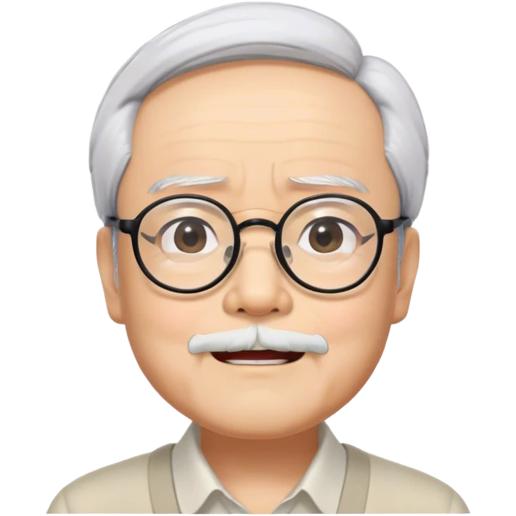 ​Cinematic Realistic Portrait of Hayao Miyazaki, depicted with defined black eyebrows, and large rectangular glasses, his happy expression rendered in lifelike detail, illuminated with soft, realistic lighting that emphasizes his creative genius, emoji