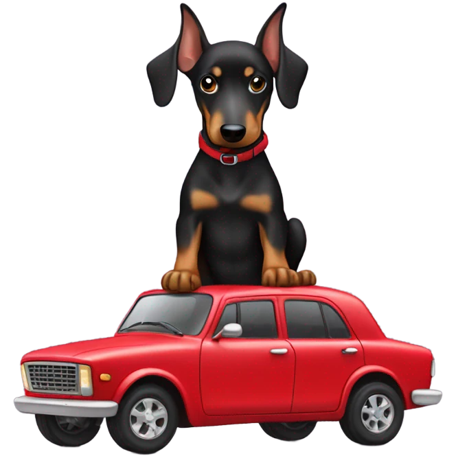 Miniature Doberman on red car emoji