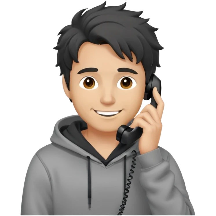 a white man with black messy, grey hoodie taking a call, happy emoji