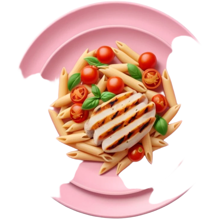 penne with cherry tomatoes and grilled chicken on a pastel pink plate emoji