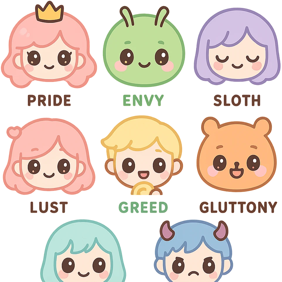 anime style icon set, each representing one of the seven deadly sins, in a cohesive group emoji