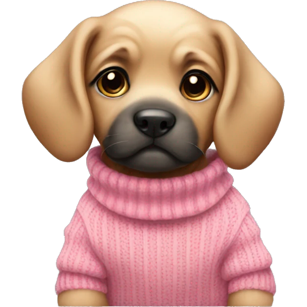 cute puppy with pink jumper and how emoji
