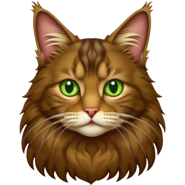 je veux un emoji chat main coon marron foncé  à poil long avec les yeux vert jaunes, en entier assis stp  emoji