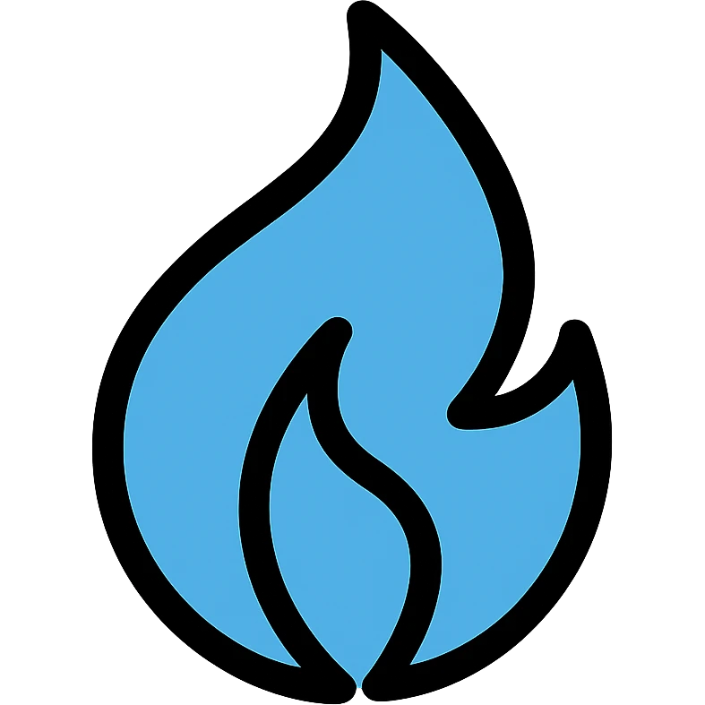 blue abstract flame shape, bold black outline, geometric style emoji