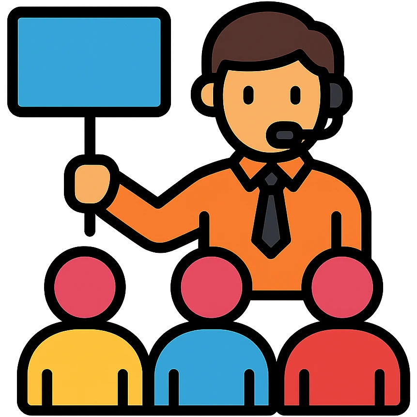 color outline icon of a travel guide with a microphone guiding a group of travelers emoji