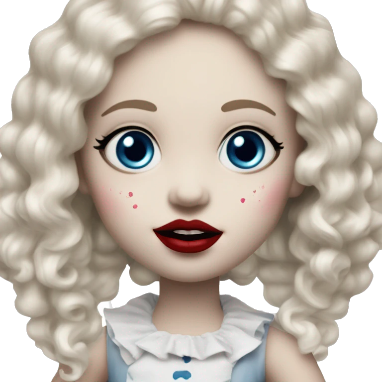 A old creepy porcelain doll with a cracked face￼ blue eye shadow and pink blush and red lipstick emoji