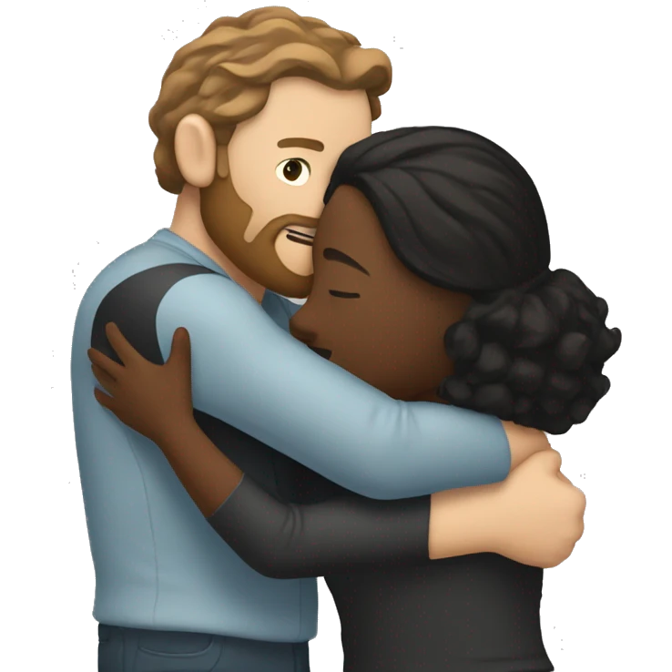 White man with beard and long brown hair hugging a brown woman with black hair  emoji