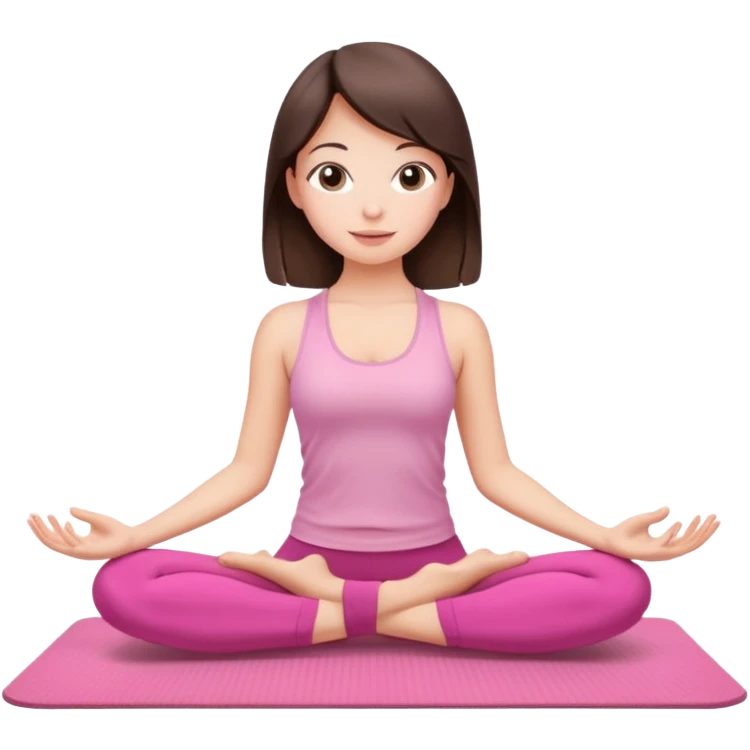 Brunette mid straught hair girl. Slim. Doing loto yoga pose on a Pink set and a Pink mat emoji