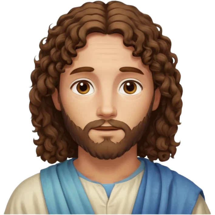 "Jesus with medium curly hair, not long, gentle expression, realistic yet soft digital painting, warm and serene colors." emoji