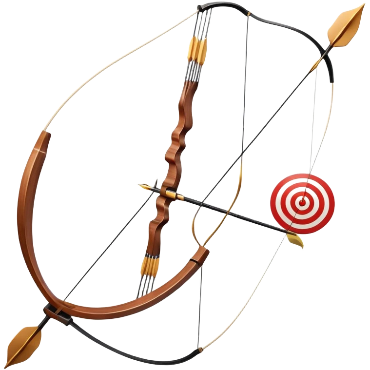 A professional recurve bow with an arrow nocked, ready to be released. The target features concentric rings, placed at a distance. The emphasis is on the bow, arrow, and target, highlighting the precision, focus, and skill involved in competitive archery. emoji