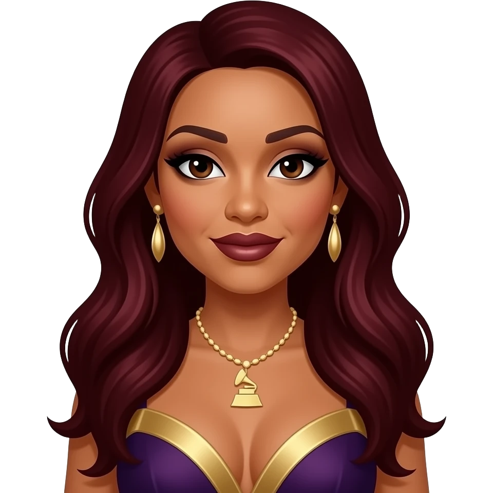 Leanne "Lelee" Lyons from SWV with dark brown eyes, long dark red hair, dark brown eyeshadow and lipstick, dark purple and gold grammy dress, necklace and earrings emoji