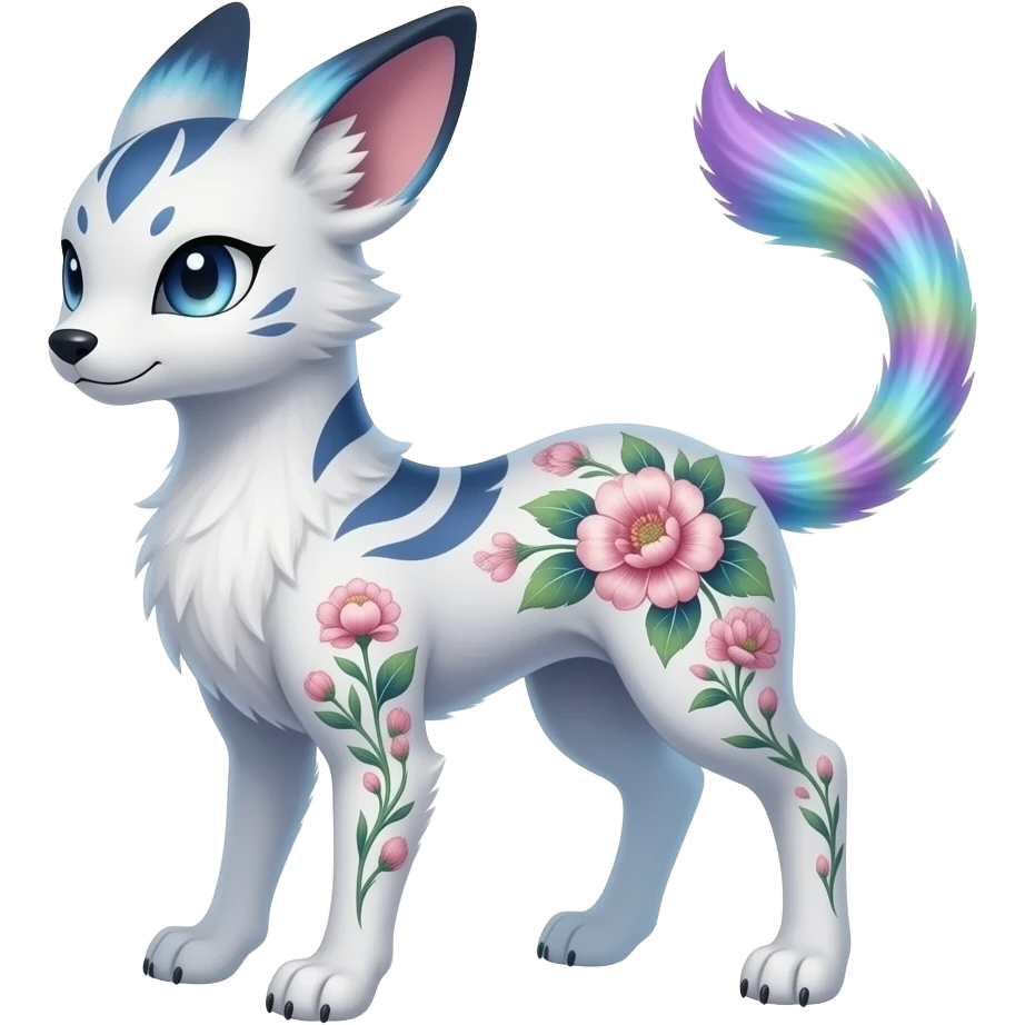 Auroral fuzzy Slim thin gradient-colored sparkly tattooed floral lanky scrawny tall elegant oriental feral painted Asian Absol-Glaceon-Sylveon-fusion-hybrid-creature emoji