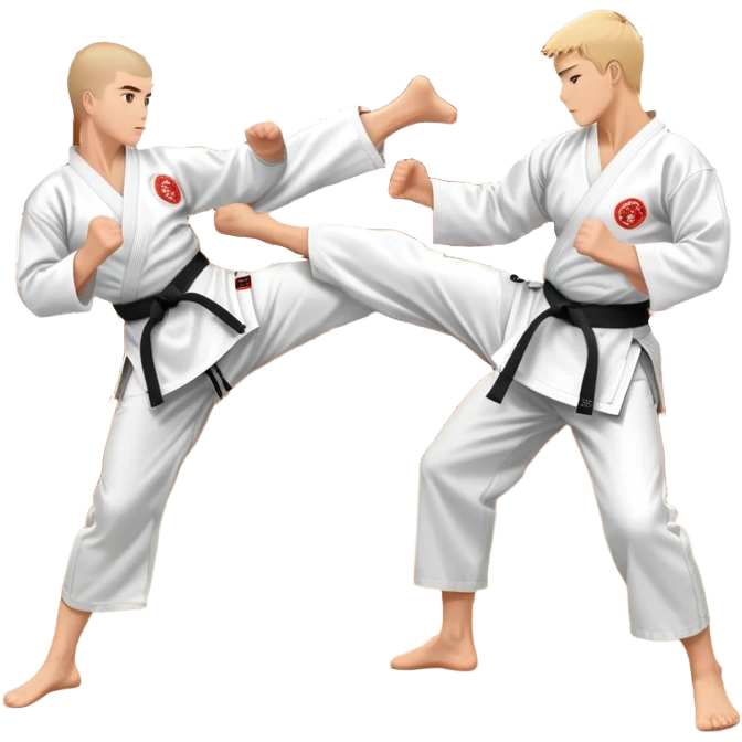 Two karate fighters in traditional gi sparring. One executes a high kick aimed at the opponent’s head, while the other blocks with a strong hand defense. The background features a classic dojo with wooden flooring and banners. Dynamic motion and focused expressions. Transparent background. emoji