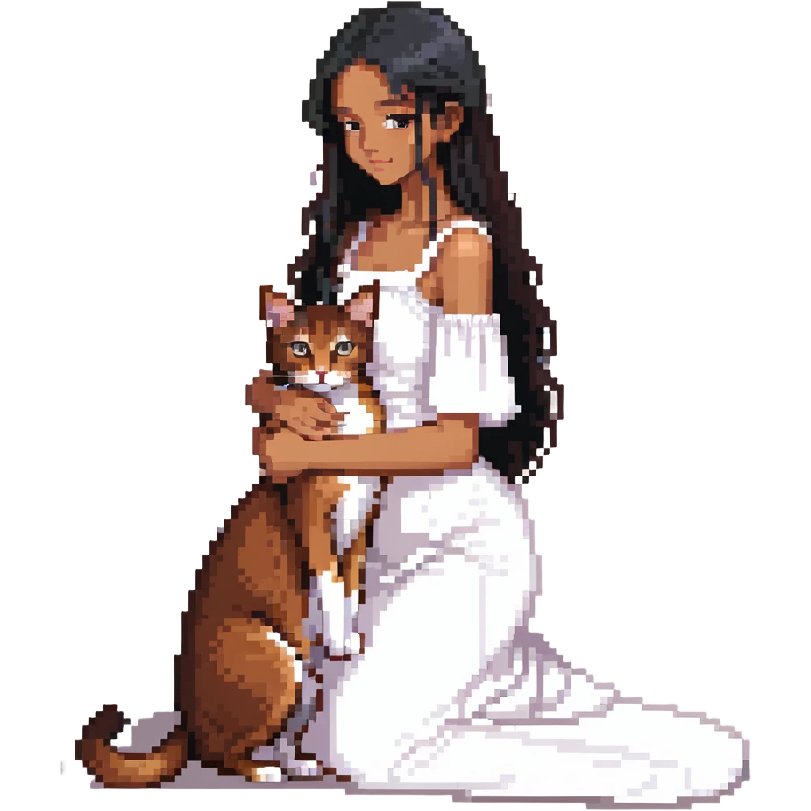 beautiful girl with long black hair in a white dress cuddling an Abyssinian cat with reddish-brown fur emoji