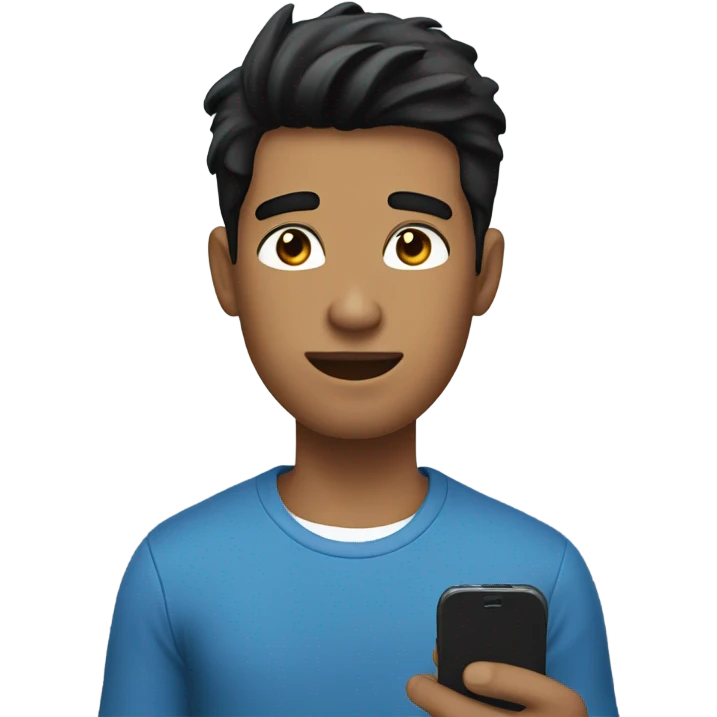 A young man with black hair, wearing a blue top, holding a phone in his hand. emoji