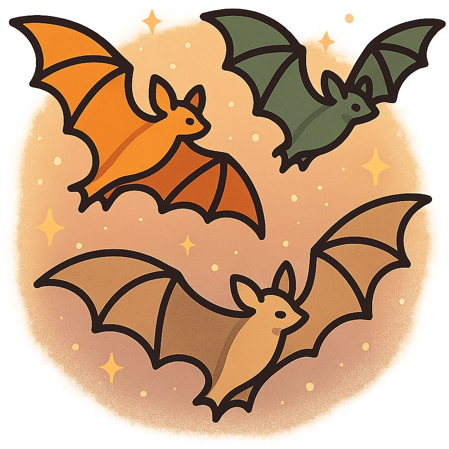 A group of flying bats in mid-air, illustrated in a stylized, artistic way using a warm, earthy color palette: golden orange (FA9B41), deep forest green (4A7C5C), muted taupe brown (96775A), and soft pastel peach (FFCC9A). The bats have sleek wings with subtle color gradients, and their bodies are small and streamlined, featuring elegant silhouettes. The sky around them has a magical, twilight glow with faint sparkles or mist, enhancing the enchanted atmosphere. The overall style is whimsical and soft, with a balance between natural and fantastical elements. emoji